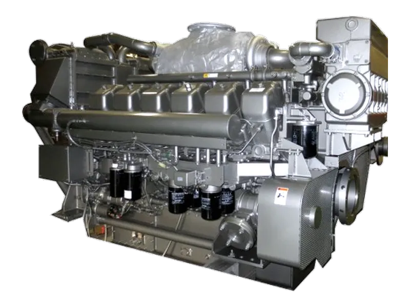 Mitsubishi S12A2 marine diesel engine, a V12 unit with a turbocharger on top and cooling fins on its side.