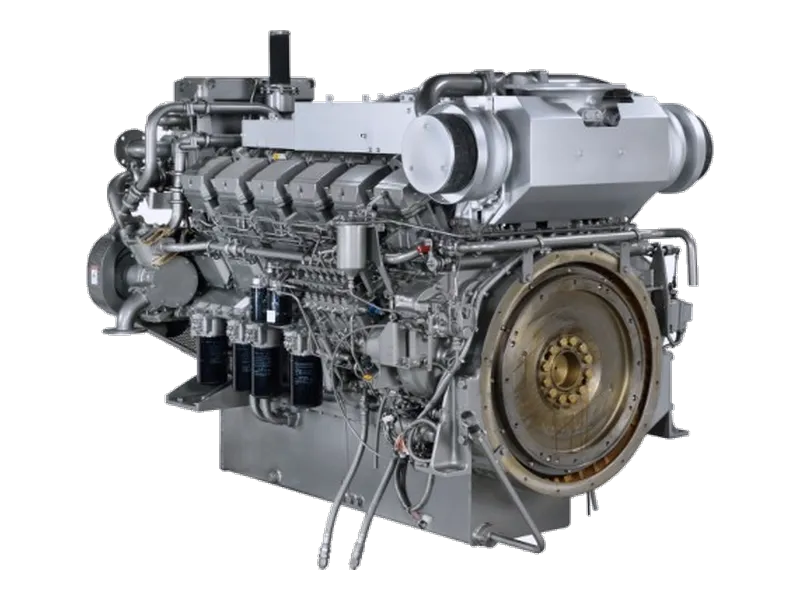 Mitsubishi S12R marine diesel engine, a V12 unit with a single turbocharger and a brass-coloured flywheel housing.