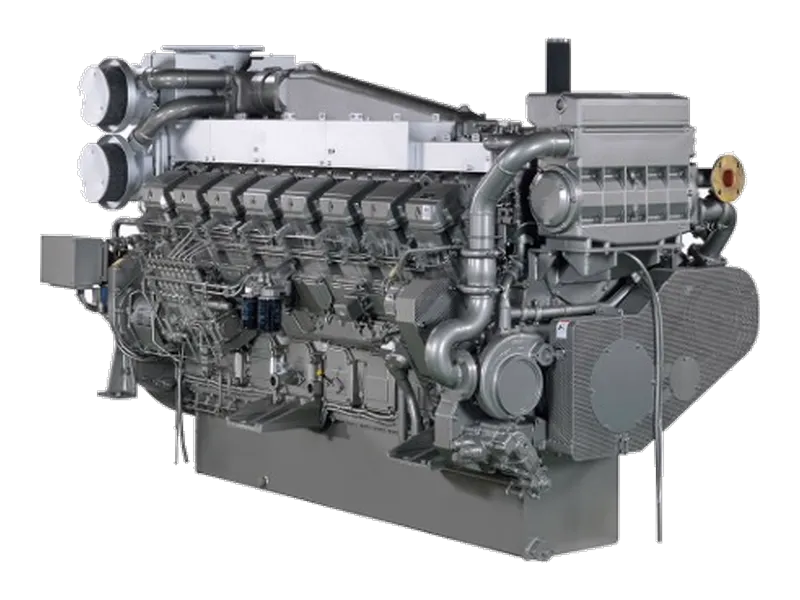 Mitsubishi S16R marine diesel engine, a large V16 unit with twin turbochargers and a finned heat exchanger.