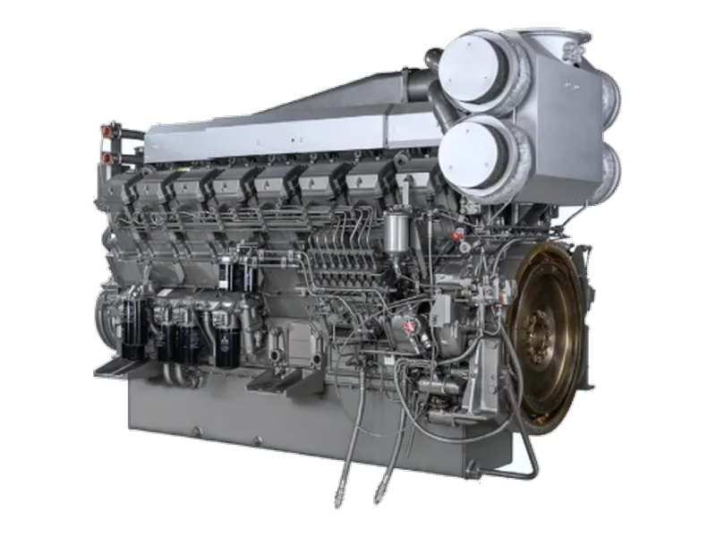 Mitsubishi S16R2 marine diesel engine, a large V16 unit with twin turbochargers at the front.