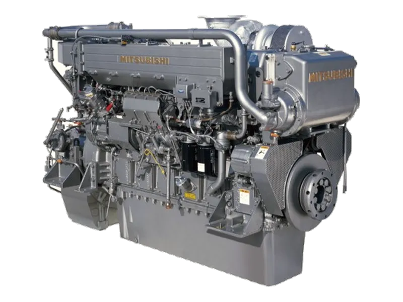 Mitsubishi S6A3 marine diesel engine, an inline six-cylinder unit with a single turbocharger on top.