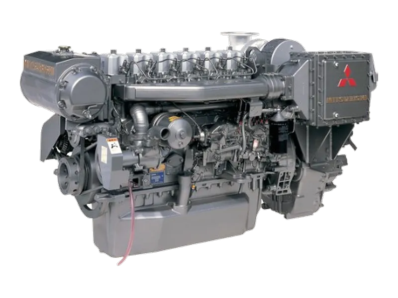 Mitsubishi S6M3H marine diesel engine, an inline six-cylinder unit with a branded box on its side and a front pulley.