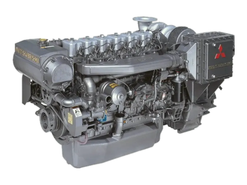 Mitsubishi S6M4 marine diesel engine, an inline six-cylinder unit with a branded heat exchanger box on its side.