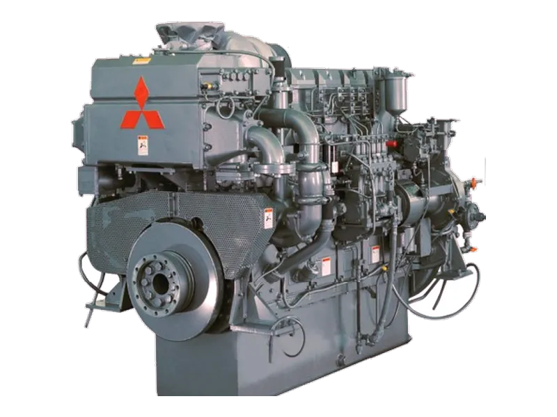 Mitsubishi S6R marine diesel engine, an inline six-cylinder unit with a large finned flywheel housing at the front.