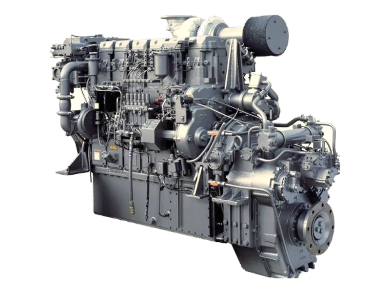 Mitsubishi S6R2 marine diesel engine, an inline six-cylinder unit fitted with a reduction gearbox at the front.